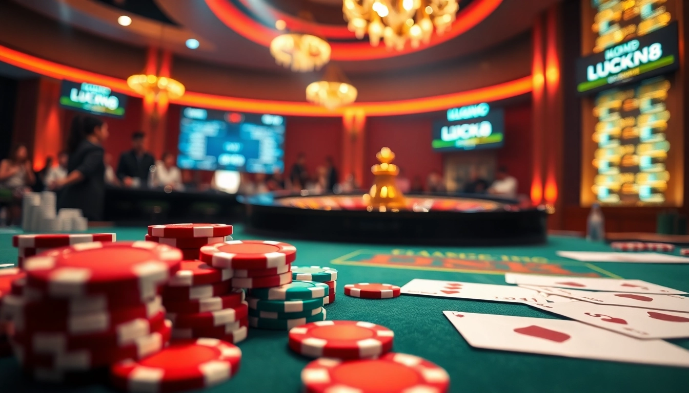 LUCK8 players enjoying thrilling casino games at a luxurious table with vibrant chips and cards.