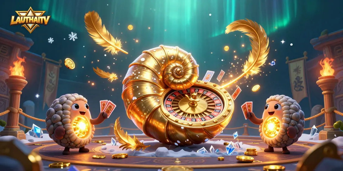 Engage with LAUTHAITV's thrilling gambling scene featuring a giant nautilus roulette wheel and betting cards.