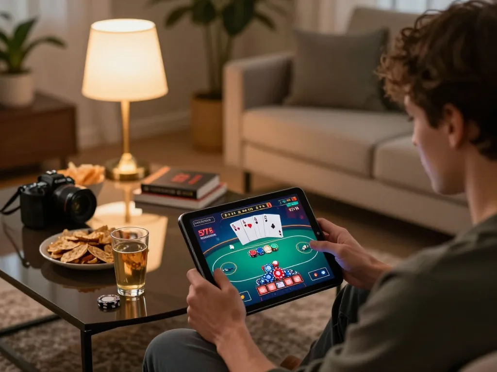Engaged player enjoying poker on 577F casino app at home, featuring cozy ambiance and strategic elements.
