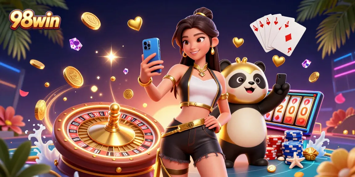 Sparkling 3D casino scene with 98win, featuring Asian woman and golden panda, amidst coins and cards.