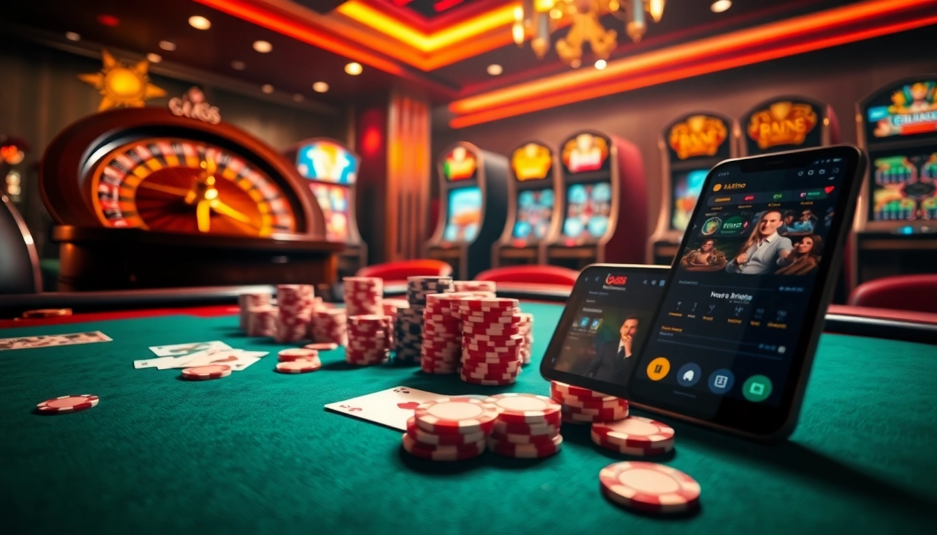 Exciting view of a poker game at iq88 casino with vibrant chips and illuminated roulette wheel.
