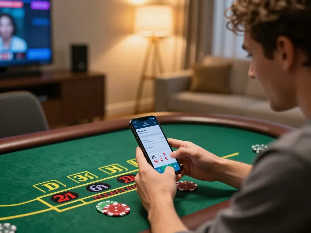 Player using the SC88 app for blackjack betting in a stylish home set up