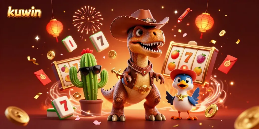 Kuwin brings excitement with a dinosaur and friends celebrating in a vibrant casino environment.