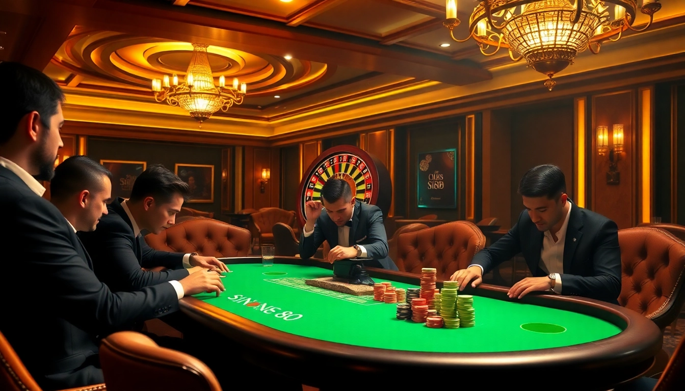 SIN88 poker table with players engaged in a high-stakes game, showcasing luxury and excitement.