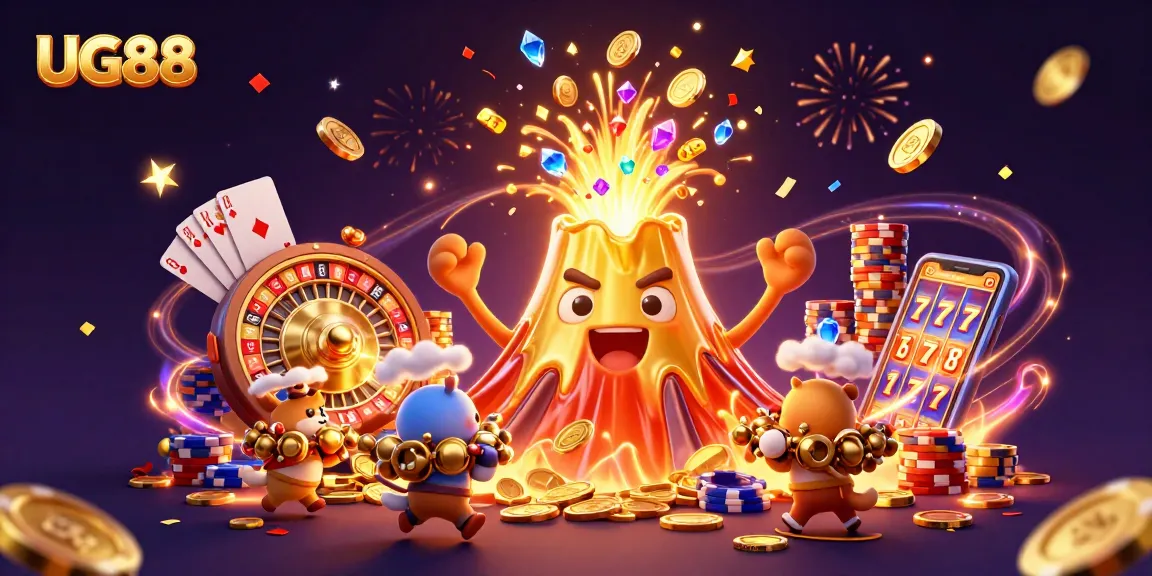 Engage with the excitement of UG88 and explore vibrant casino adventures featuring a golden volcano erupting treasures!