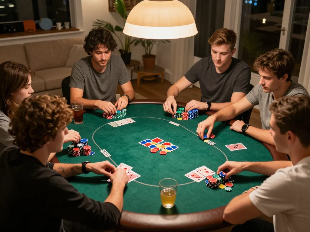 Bayvip players strategizing during a vibrant home poker night with friends and snacks around a colorful table.