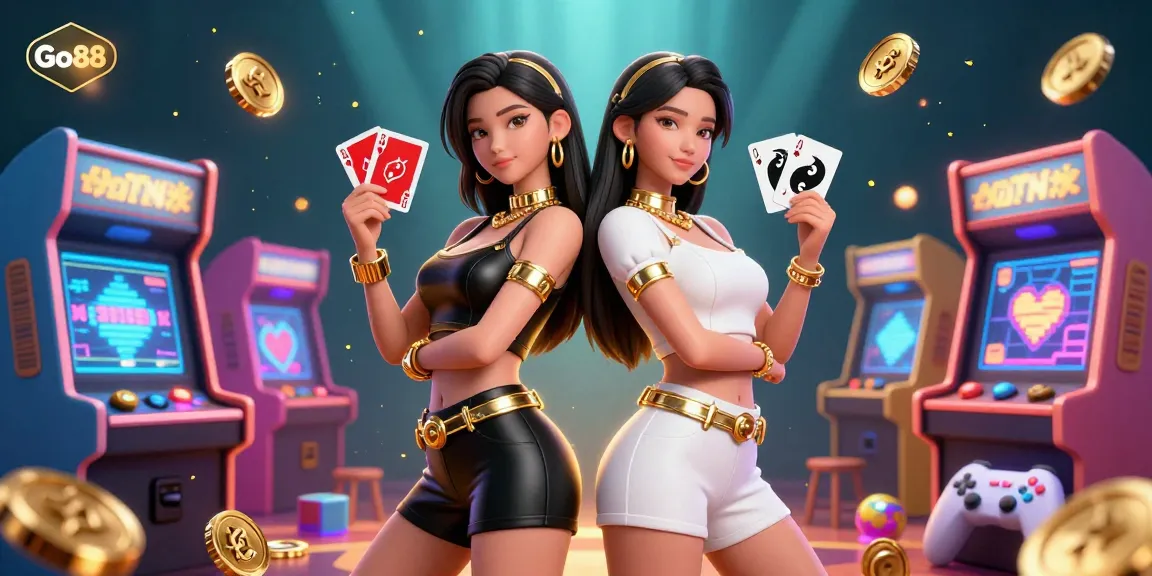 Experience Go88's dynamic casino scene with twin women showcasing playing cards and casino chips.