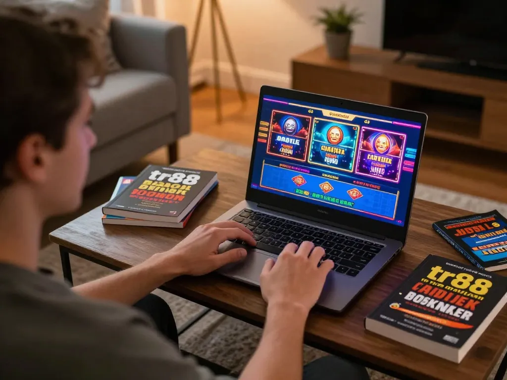 Player enjoying an engaging gaming session with the tr88 bookmaker on a laptop in a cozy, inviting home setting