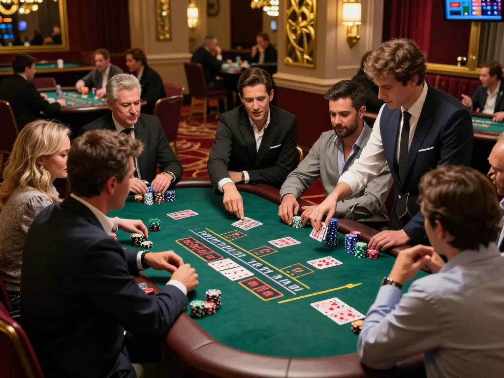 Players enjoying intense blackjack action at VA88 casino table, showcasing strategy and excitement.