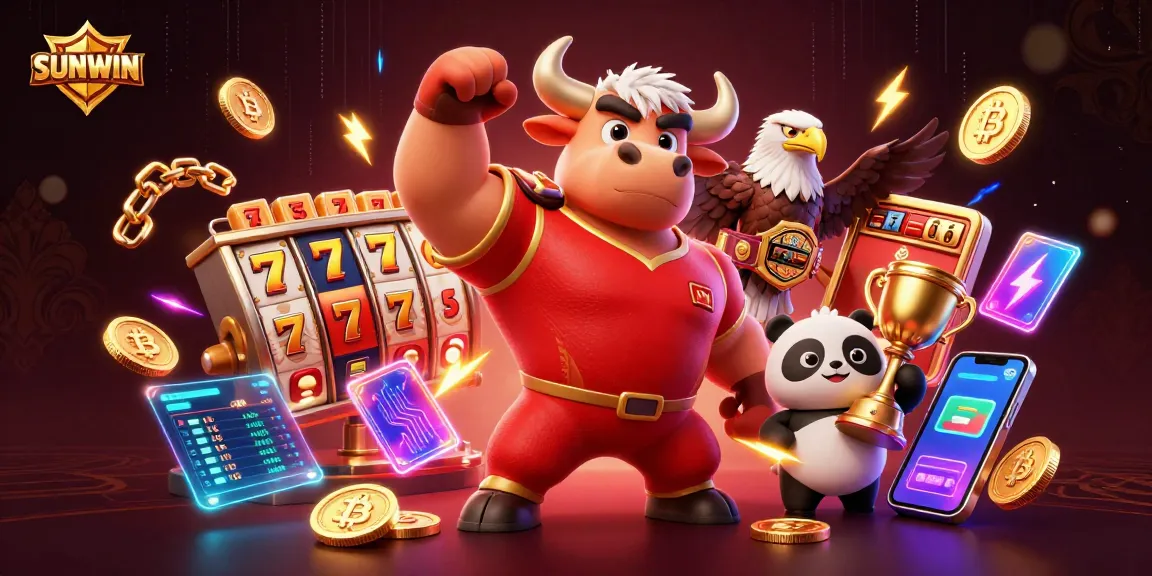 SUNWIN showcases a victorious bull mascot and eagle amid dynamic slot machines and cryptocurrency elements.