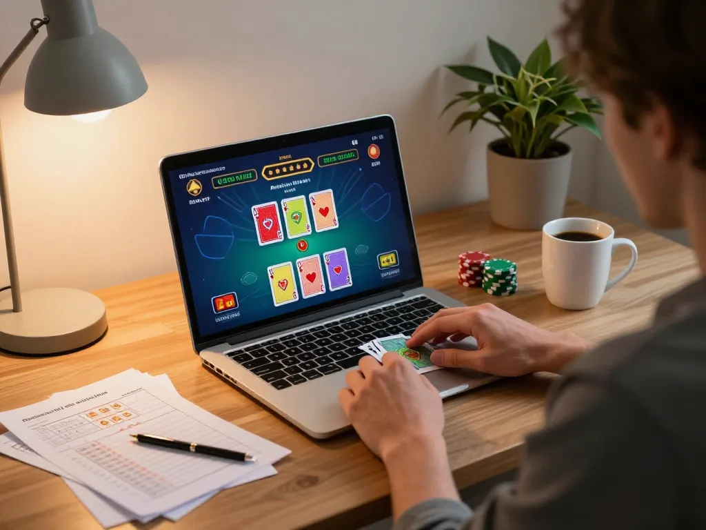 Player enjoying an engaging hoiquantvhd blackjack game on a laptop at home, surrounded by strategy notes and warm lighting