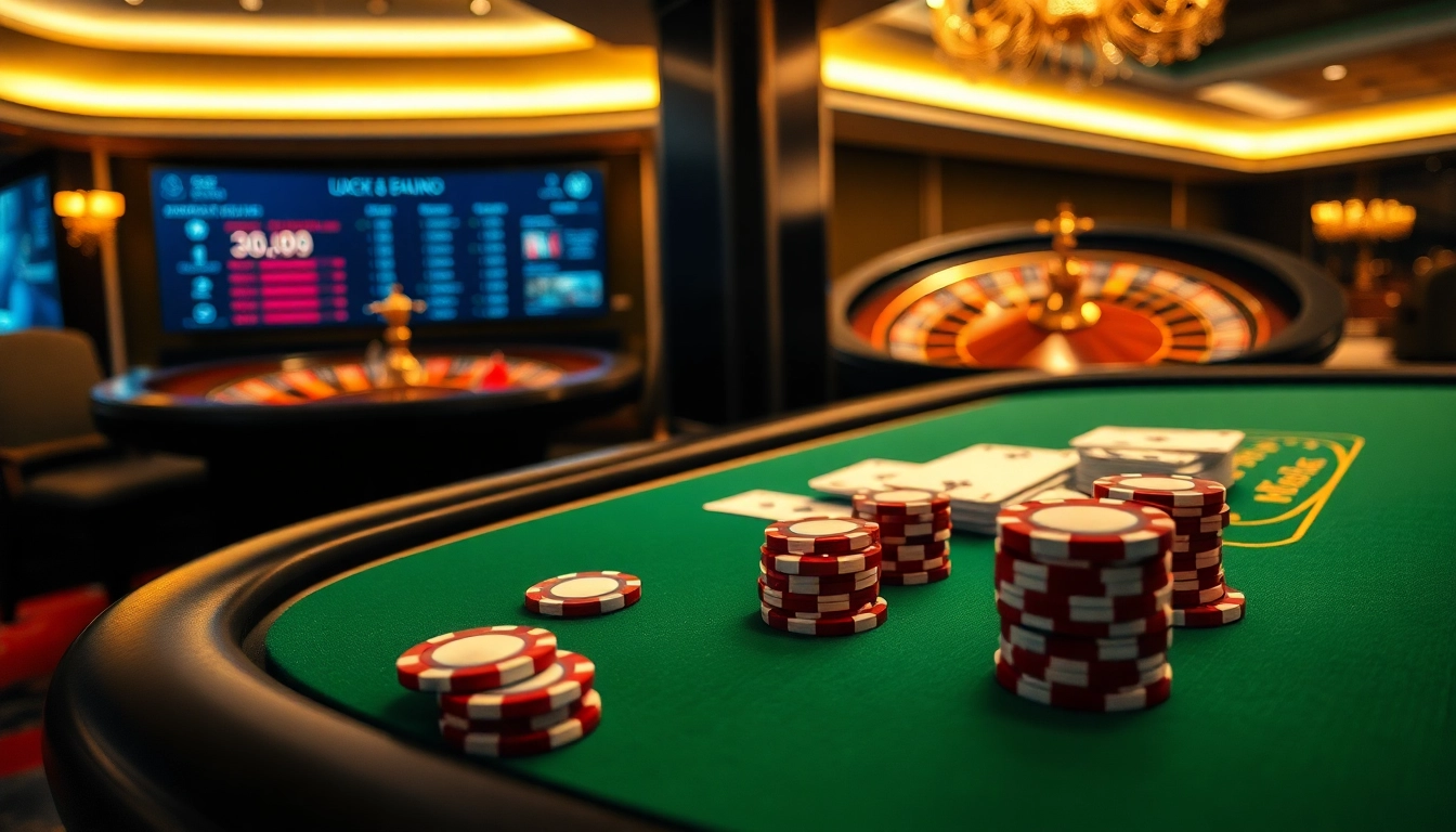Experience thrilling casino action at https://luck8.media/ with a luxurious poker table and roulette wheel.