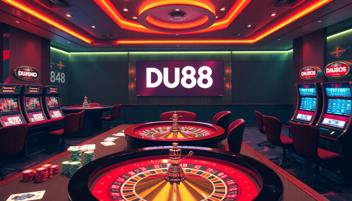 A dynamic gambling scene showcasing DU88 with casino tables, poker chips, and glowing slot machines.