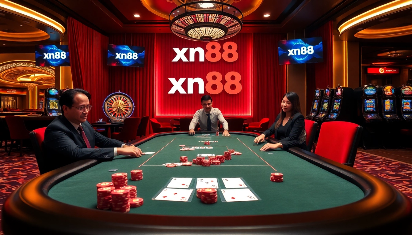 Players enjoying a high-stakes game at xn88 casino, surrounded by vibrant casino decor and excitement.