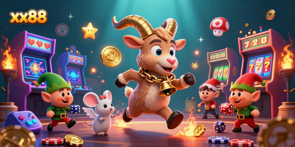 Engaging xx88 casino scene showcasing Krampus, an angel mouse, and elf gremlins amidst vibrant games.