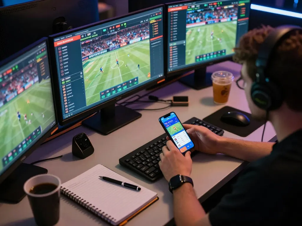 Fun79 user engaged in strategic online sports betting session with multiple screens showing live events