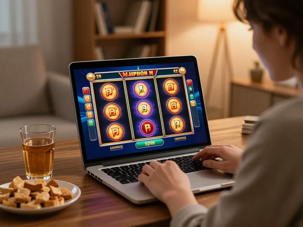 Playing an engaging online slot game on a laptop featuring agenslot188 graphics.