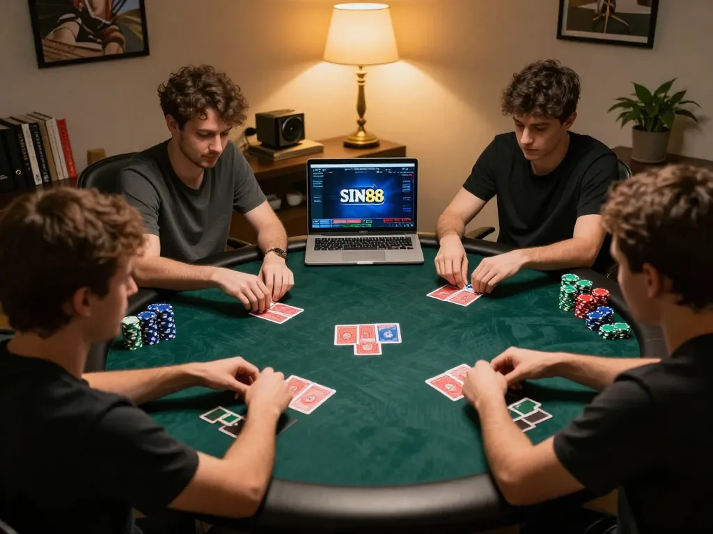 SIN88 online poker game in a cozy room with engaged players and vivid interface