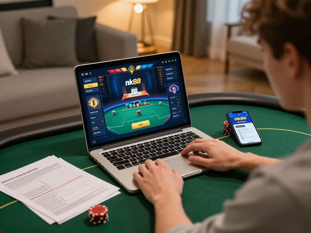 Player enjoying a thrilling nk88 poker game on laptop with strategy notes in a cozy home environment.