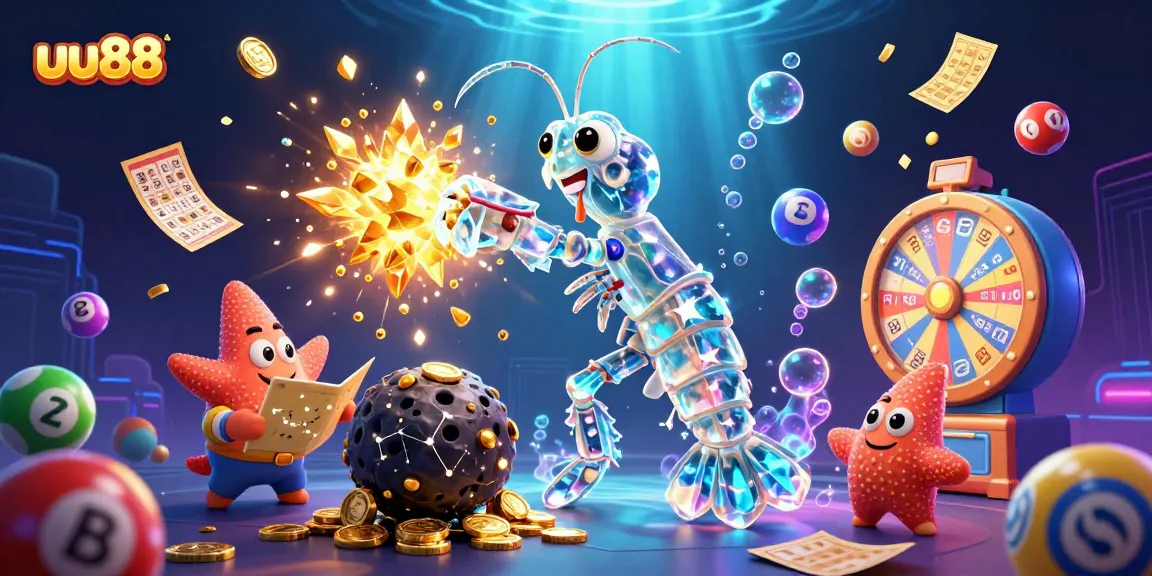 Win big with uu88: a vibrant 3D illustration of a mantis shrimp and starfish in a dynamic casino scene.