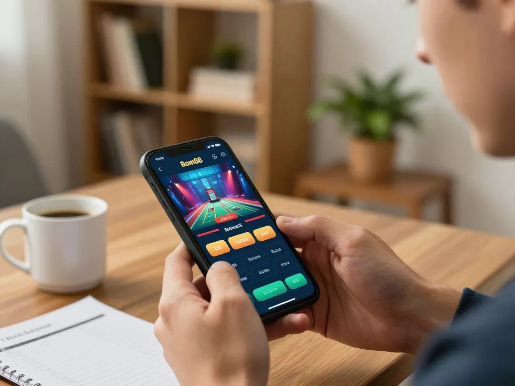 Engaging with Bom88's mobile app while enjoying cozy home atmosphere and strategic gameplay