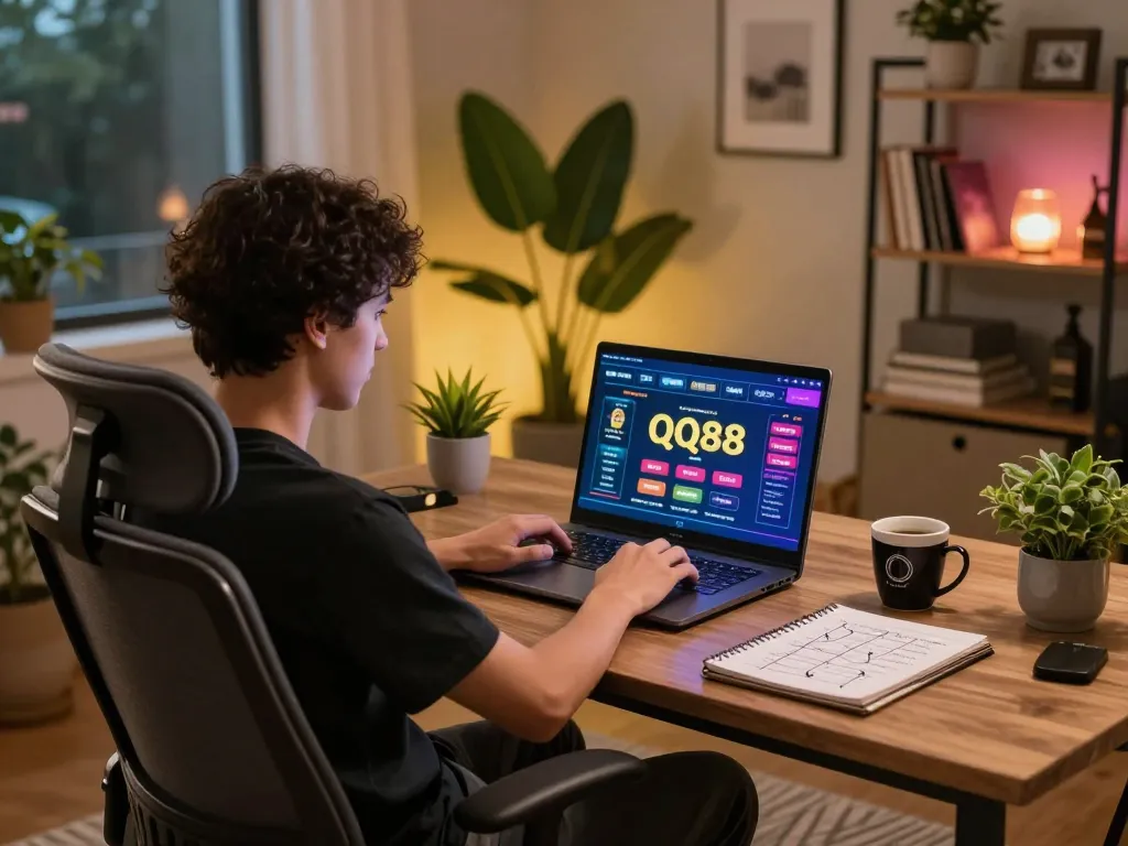 Experience engaging online gameplay at QQ88, showcasing strategic moments in a cozy home office