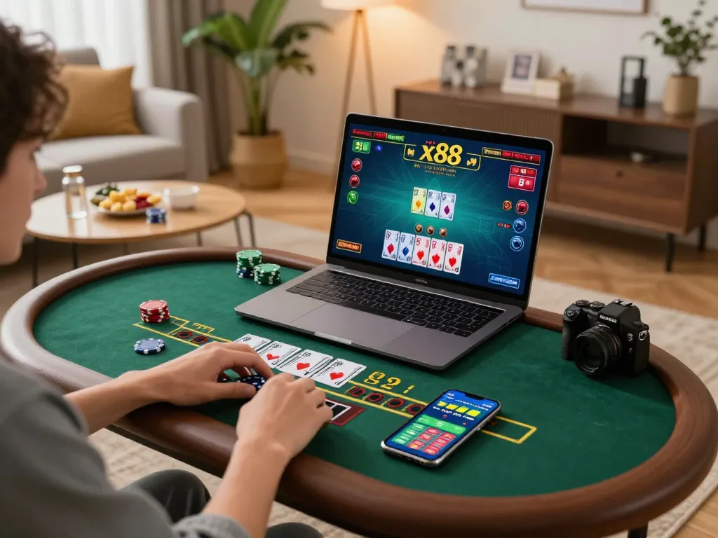 Experience online gaming at x88 with an engaging live baccarat setup in a cozy home.