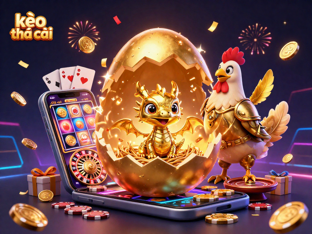 Engage with kèo nhà cái as a golden dragon emerges from a poker chip nest, surrounded by casino gaming elements.