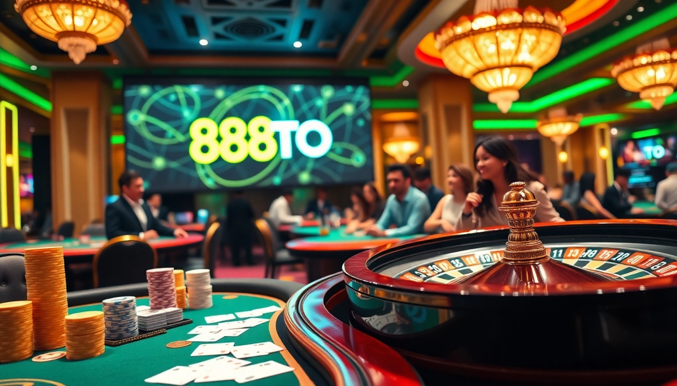 Players enjoying a thrilling game on the 888TO casino table with vibrant elements.