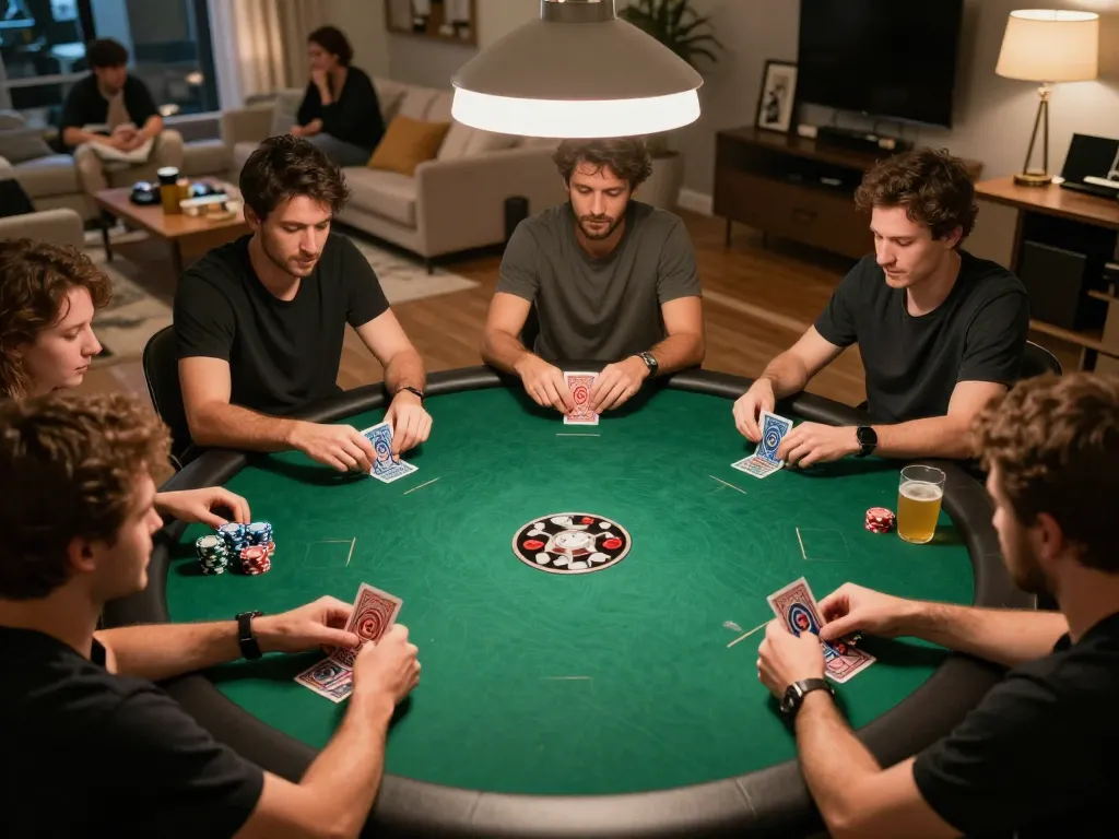 Engaged players at a home poker game, showcasing strategic gameplay at https://99win.actor/ with vibrant atmosphere.