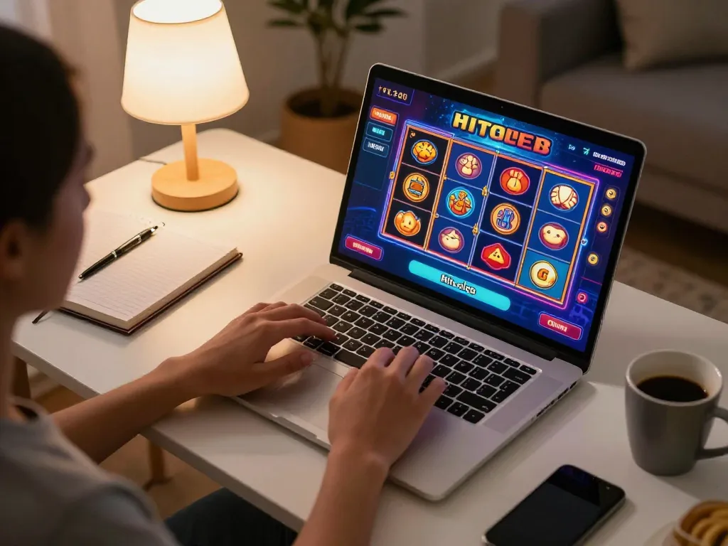 Engaged player enjoying hitclub gaming experience on laptop with cozy home setup