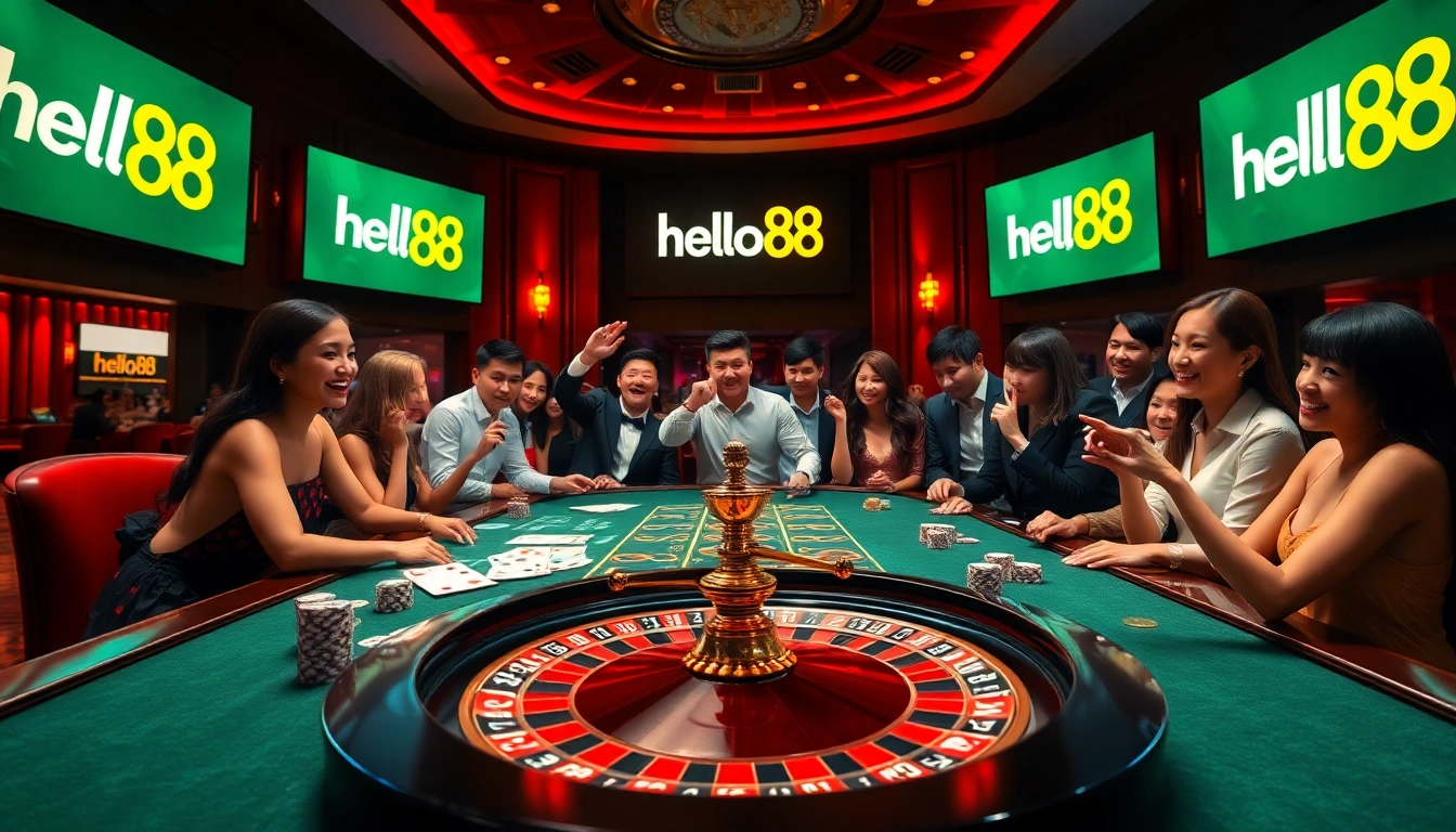 Players enjoying an exciting game at the hello88 casino table with vibrant atmosphere and luxurious decor.