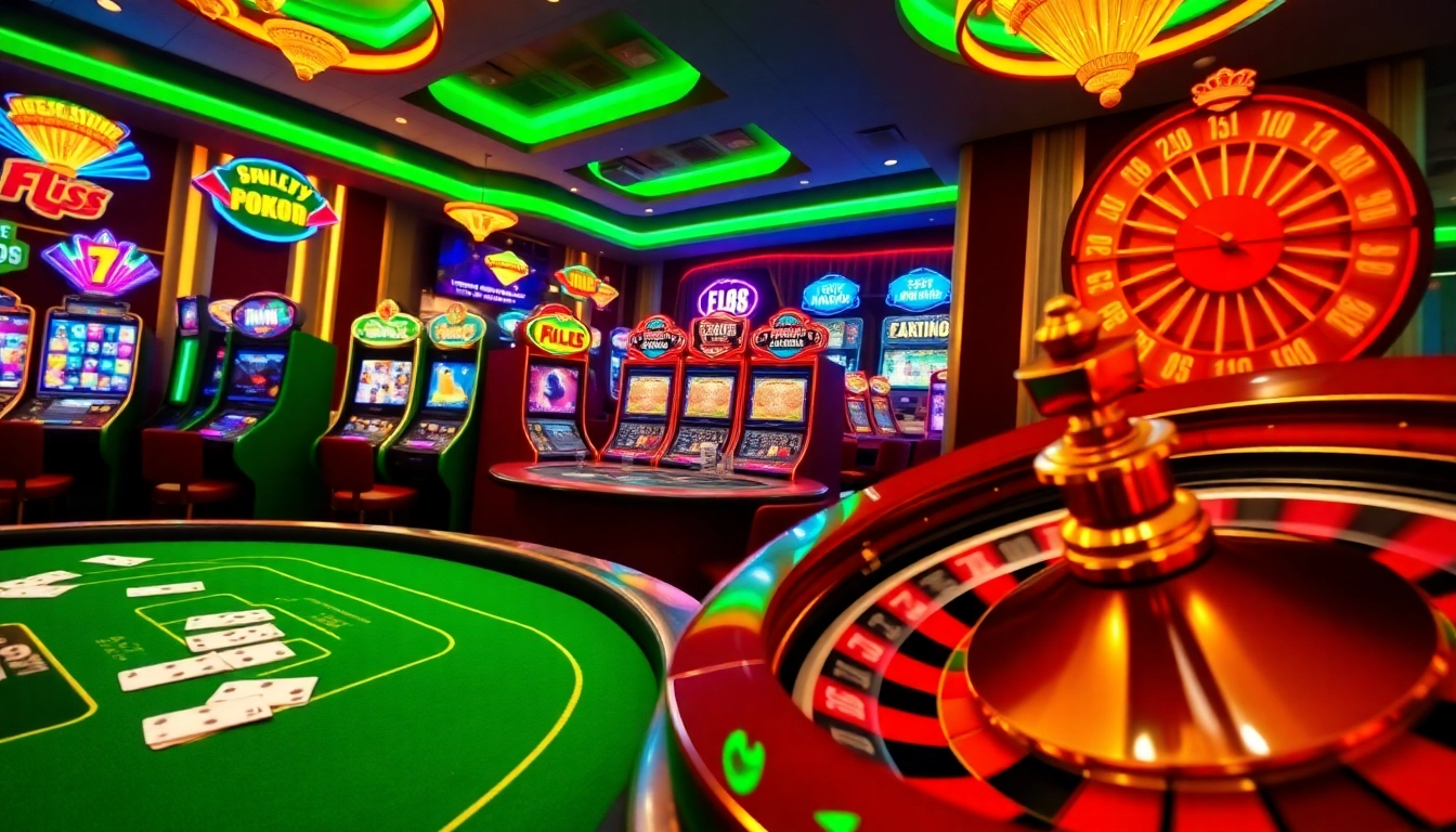 Fly88 casino scene featuring an exciting poker table, slot machines, and roulette wheel.