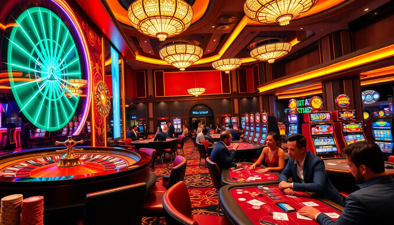 Hitclub players enjoying a thrilling game at a vibrant casino with roulette and poker.