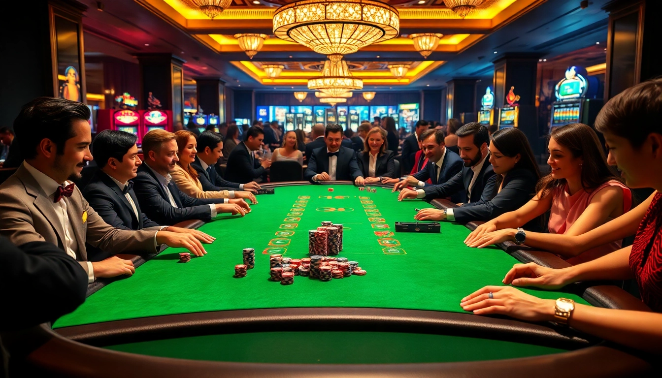 Engaging casino players experiencing the thrill of poker at 789P, surrounded by vibrant slot machines.