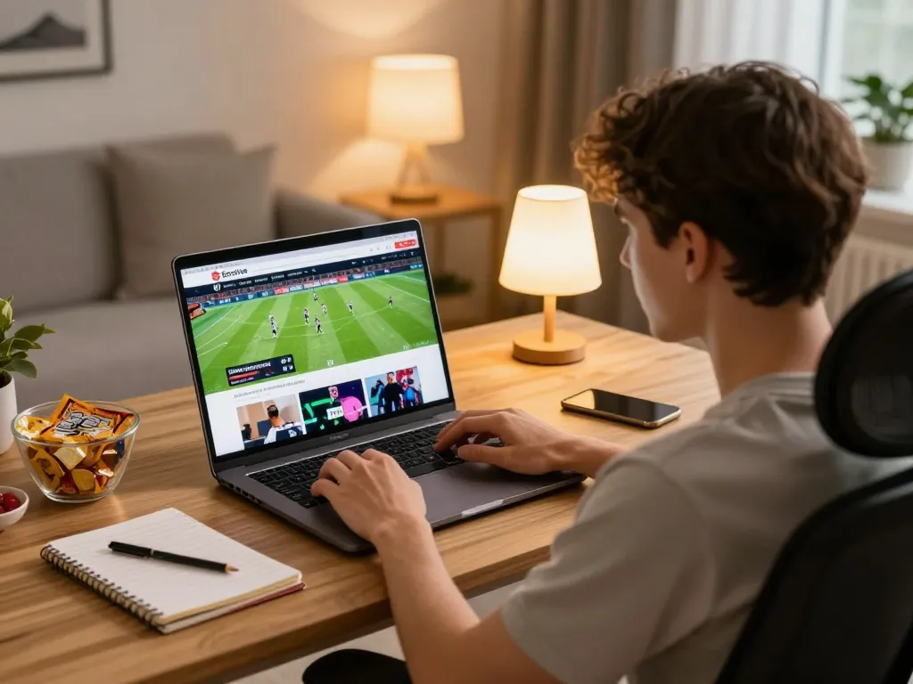 Socolive user engaged in sports betting on a laptop, showcasing exciting live football action.