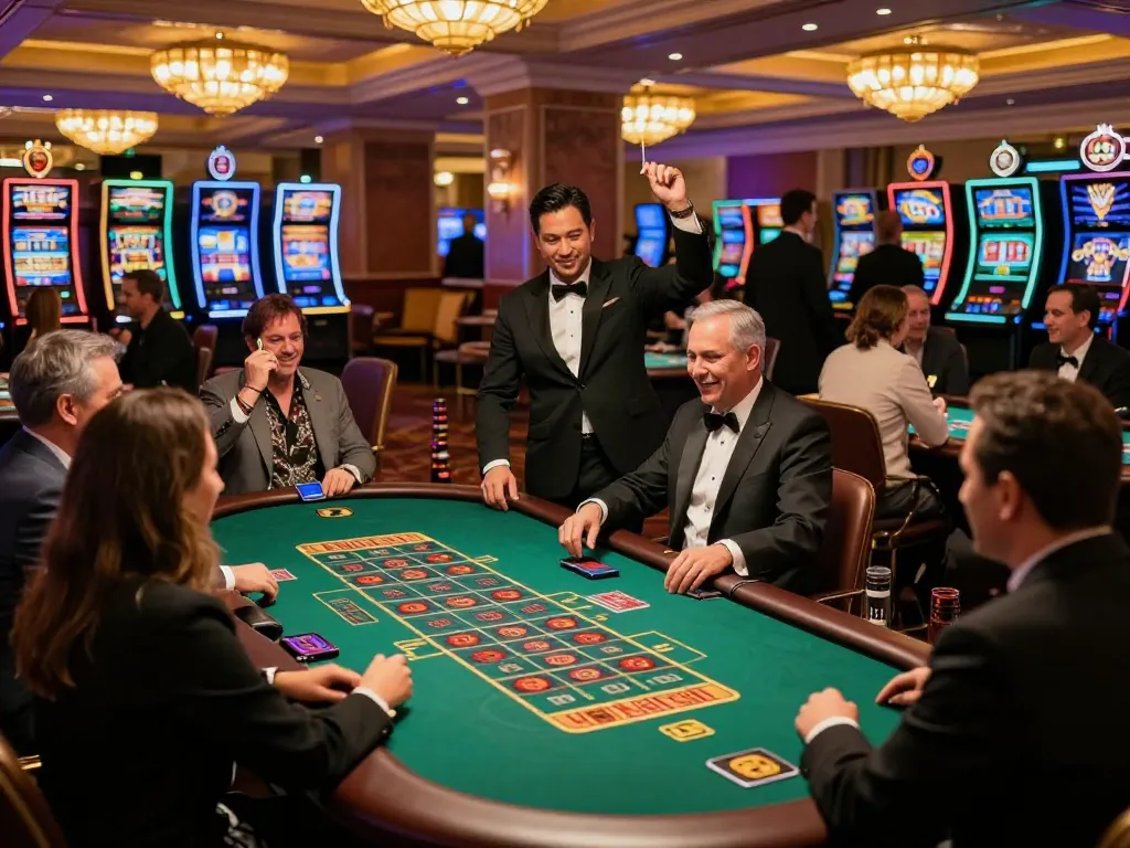 P3 casino logo displayed with players enjoying roulette and poker in a lively atmosphere