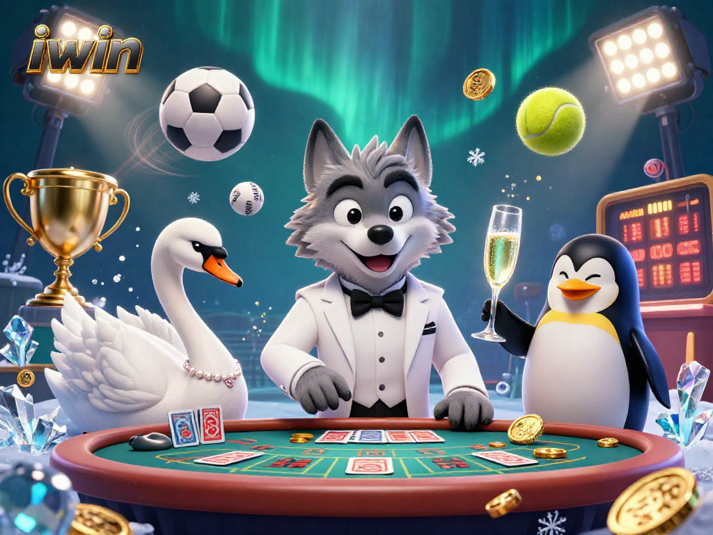 Join the excitement with iwin as the wolf, swan, and penguin engage in a thrilling casino scene.