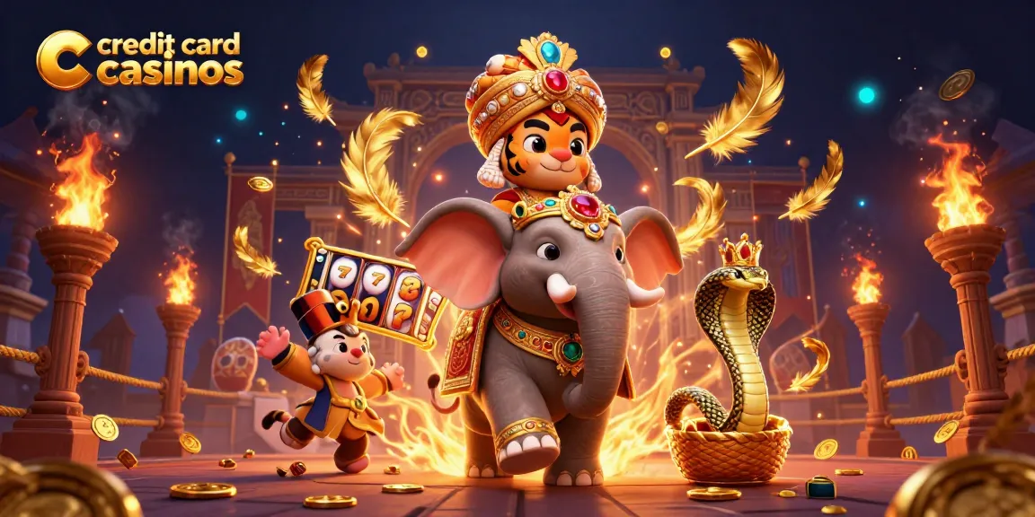 Experience the thrill of credit card casinos with vibrant slot elements and majestic characters.