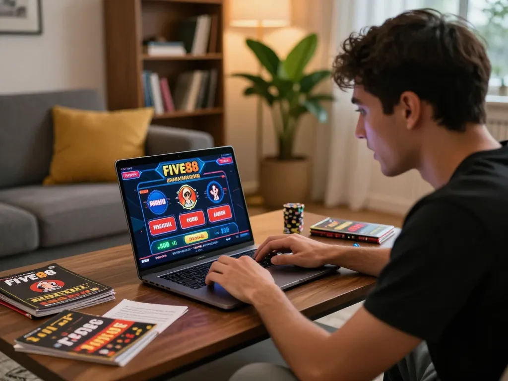 Engage with five88 casino interface during an exciting online gaming session in a cozy home setting.
