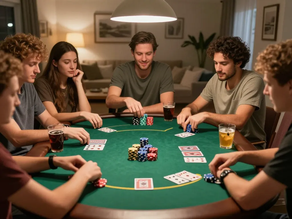 Friends playing a lively poker game at home, showcasing hd88qq strategies with colorful chips and cards.