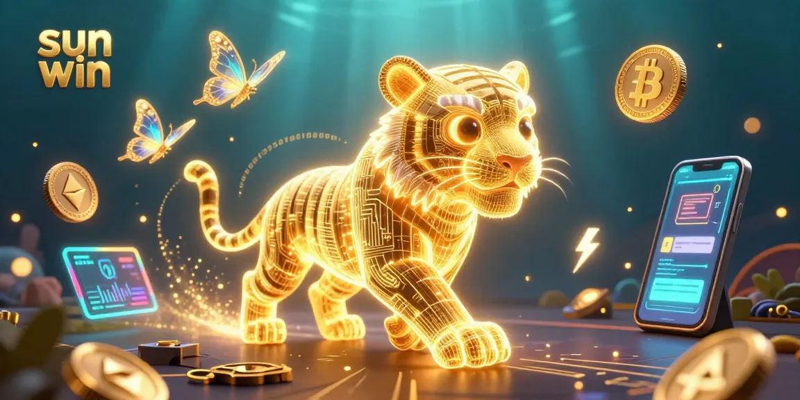 Experience the thrill of sun win with a vibrant 3D digital casino scene, featuring a golden tiger and cryptocurrencies.