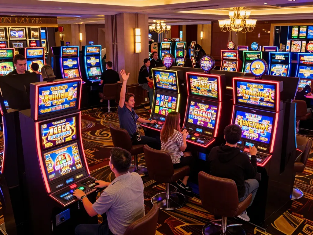 Players celebrate wins at XX88's vibrant slot machines in a modern casino atmosphere.