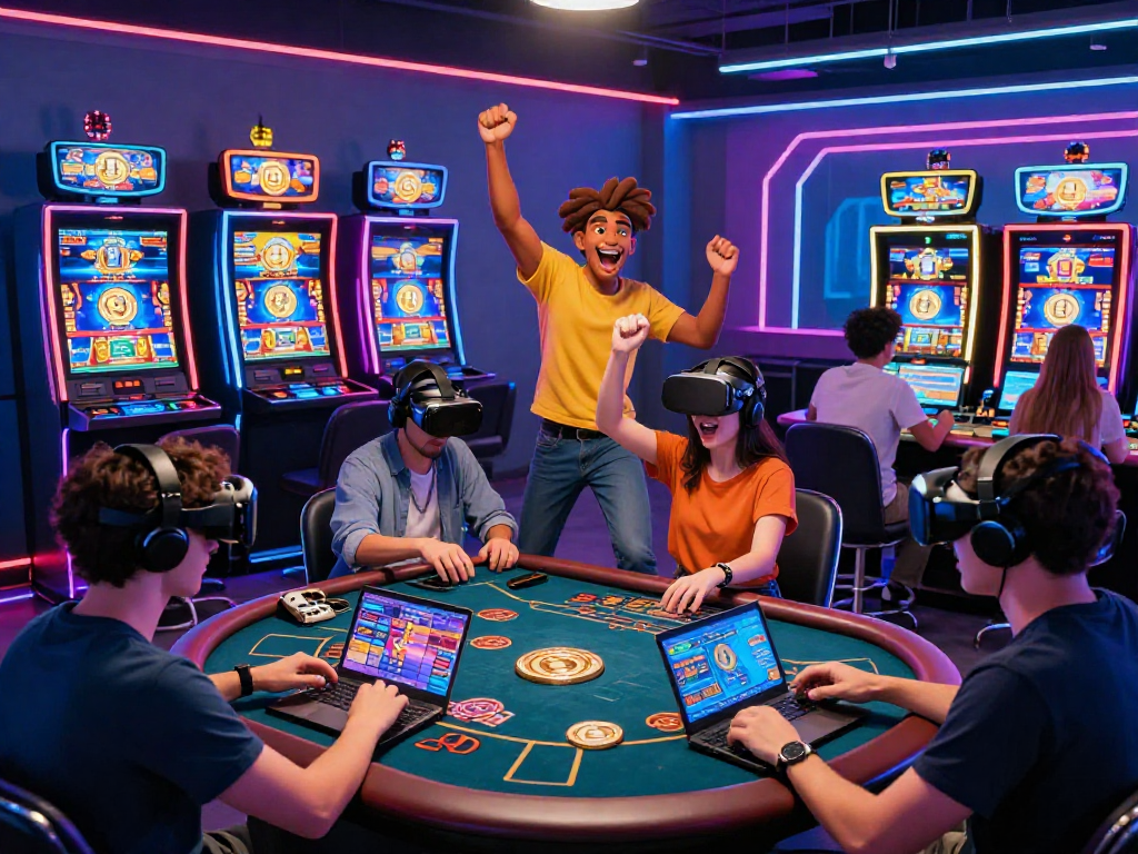 Exciting crypto casino gaming scene with players celebrating wins in a futuristic environment.