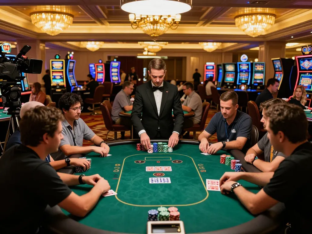Alo8 players engaged at a poker table in a luxurious Vegas casino, showcasing strategic gameplay and excitement.