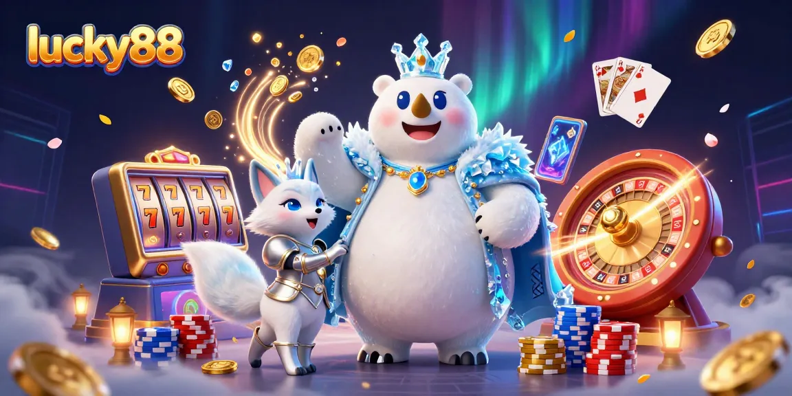Spin and win with lucky88's vibrant 3D casino scene featuring animated slot machine reels and energetic characters.