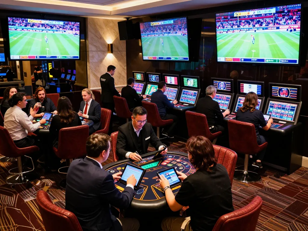 Engaging sports bettors at luxury casino tip88, dynamic atmosphere with live event screens and tablets.