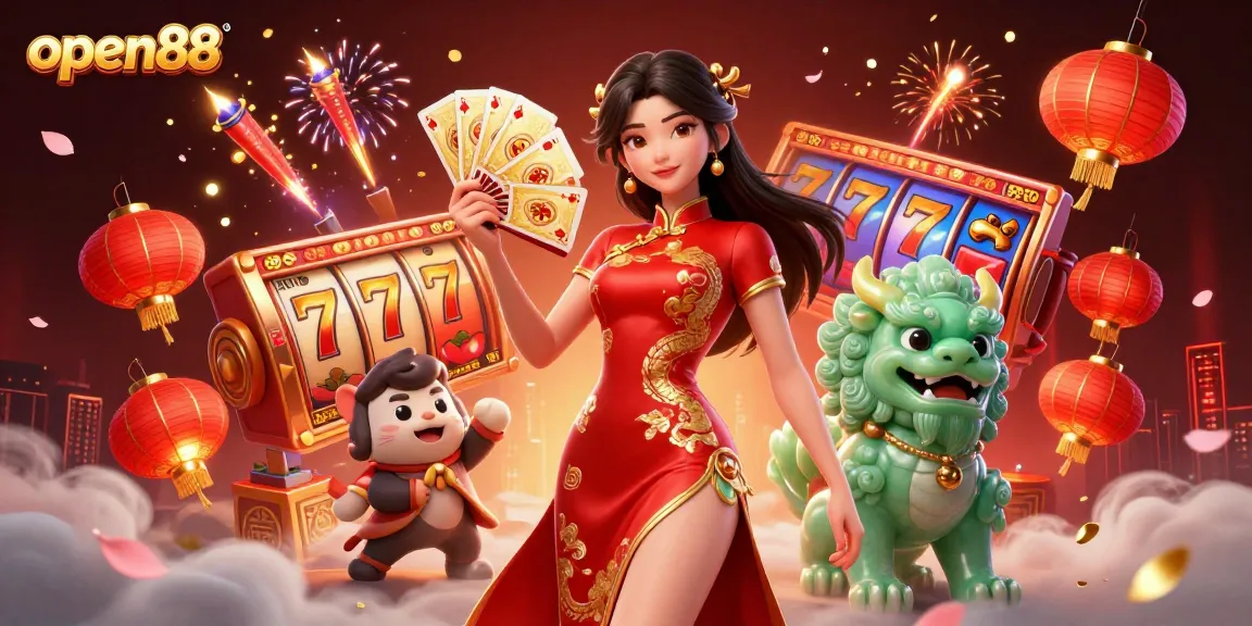 Experience the thrill of open88 with a vibrant slot machine scene featuring dynamic characters and gold.