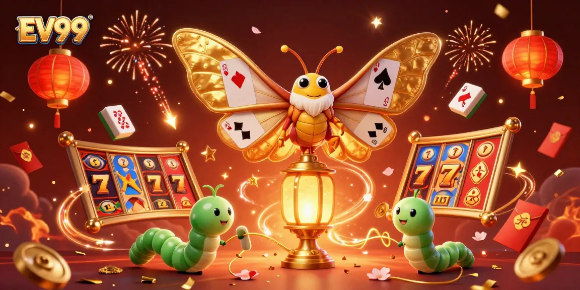 Win big with EV99, featuring a golden atlas moth and dynamic casino elements in this vibrant illustration.