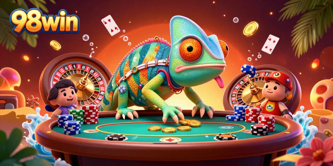 Experience thrilling gameplay at 98win, where the chameleon casino owner captures golden coins amidst poker and roulette.